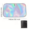 UV reflective car windshield sun shade with a purple and green iridescent finish