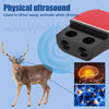 A physical ultrasound device is shown targeting a deer while driving, with an illustration of the sound waves and a close-up 