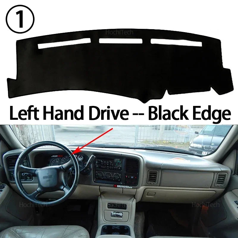 Black edge dashboard cover for a left-hand drive vehicle, shown in the context of a car interior.