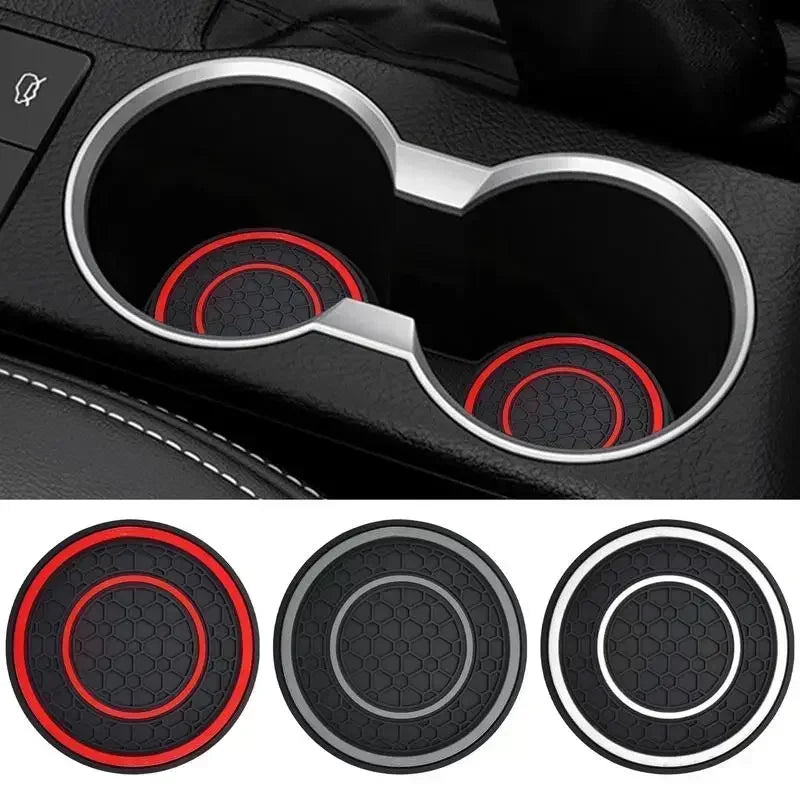 A set of two silicone car cup holder coasters shown in various views.