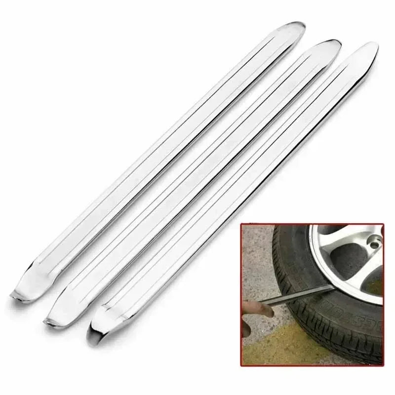 A set of heavy-duty tire wrenches and rim openers shown with a close-up of a tire.