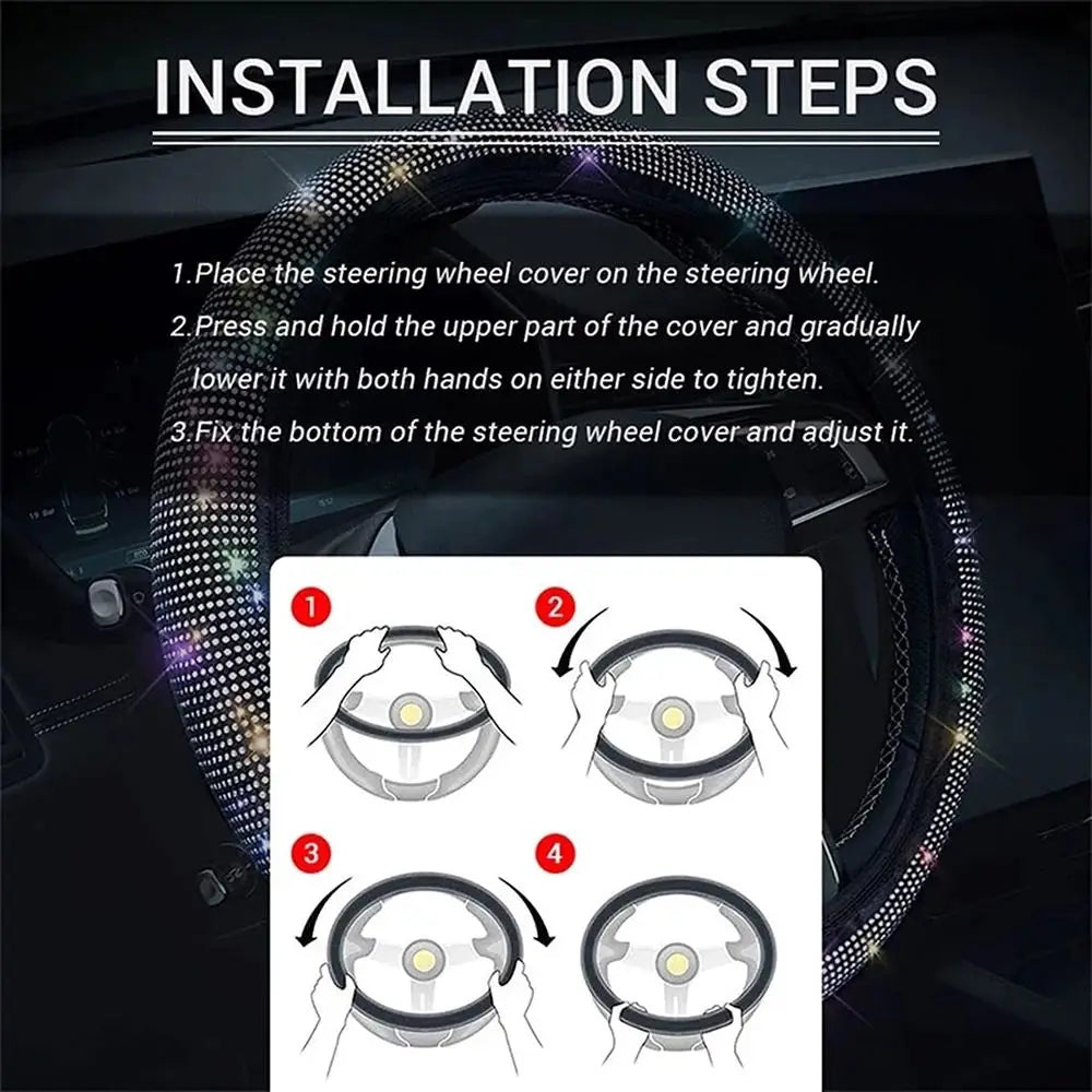 Installation steps for a rhinestone bling steering wheel cover showing placement and adjustment.