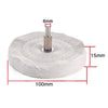 A round, light gray polishing mop wheel with a central metal pin and various dimension markings.