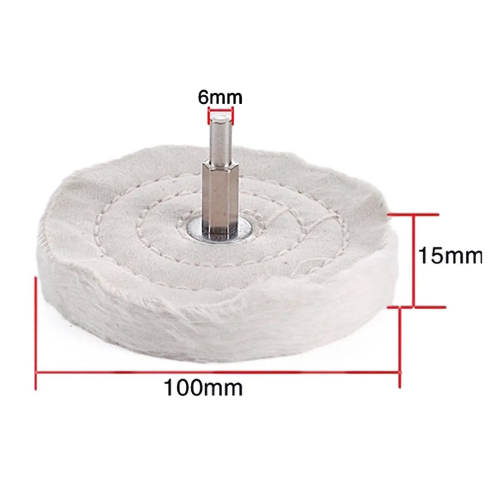 A round, light gray polishing mop wheel with a central metal pin and various dimension markings.