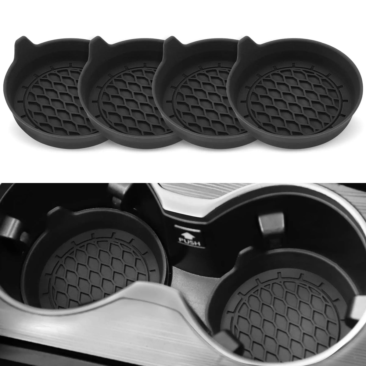A set of black silicone cup holder coasters with textured patterns shown in a close-up view.