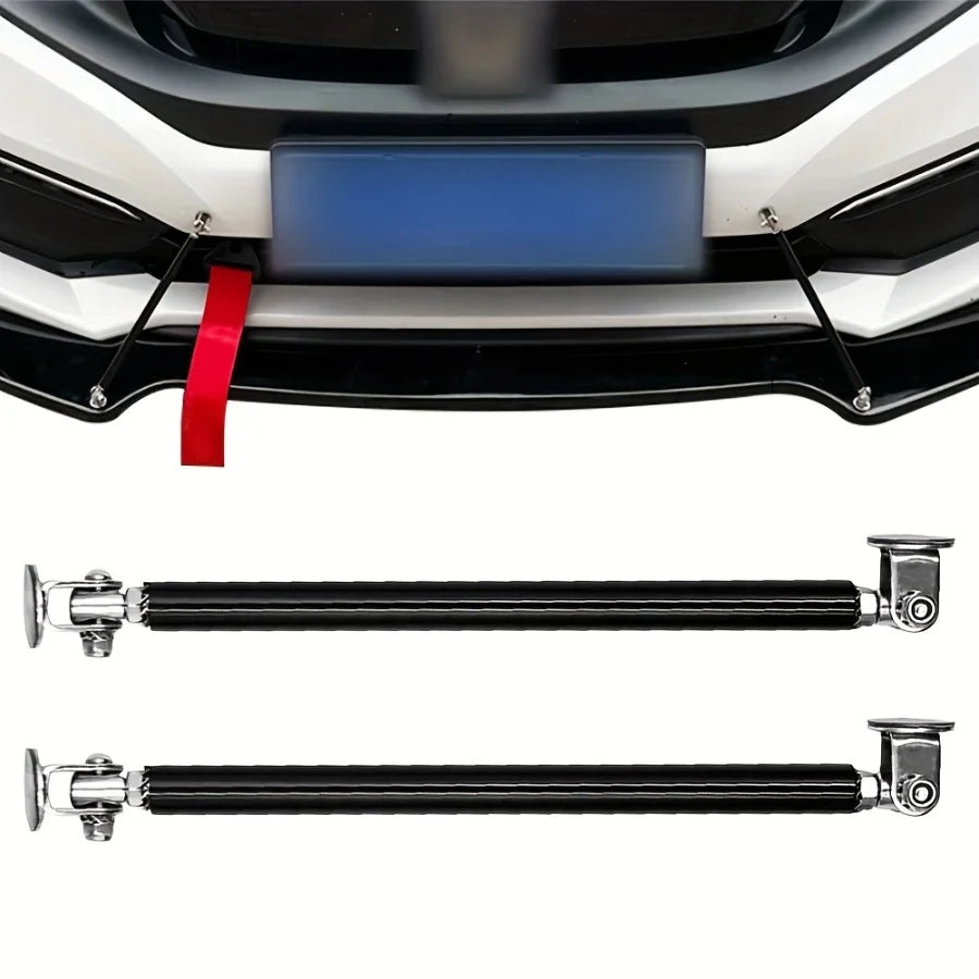 Two black metal front lip support rods with adjustable ends shown against a white car bumper.