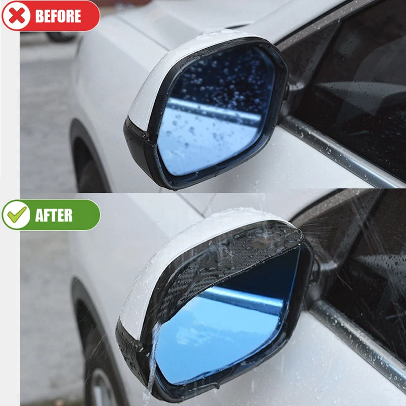 Before and after comparison of a carbon fiber car rearview mirror rain shield installation.