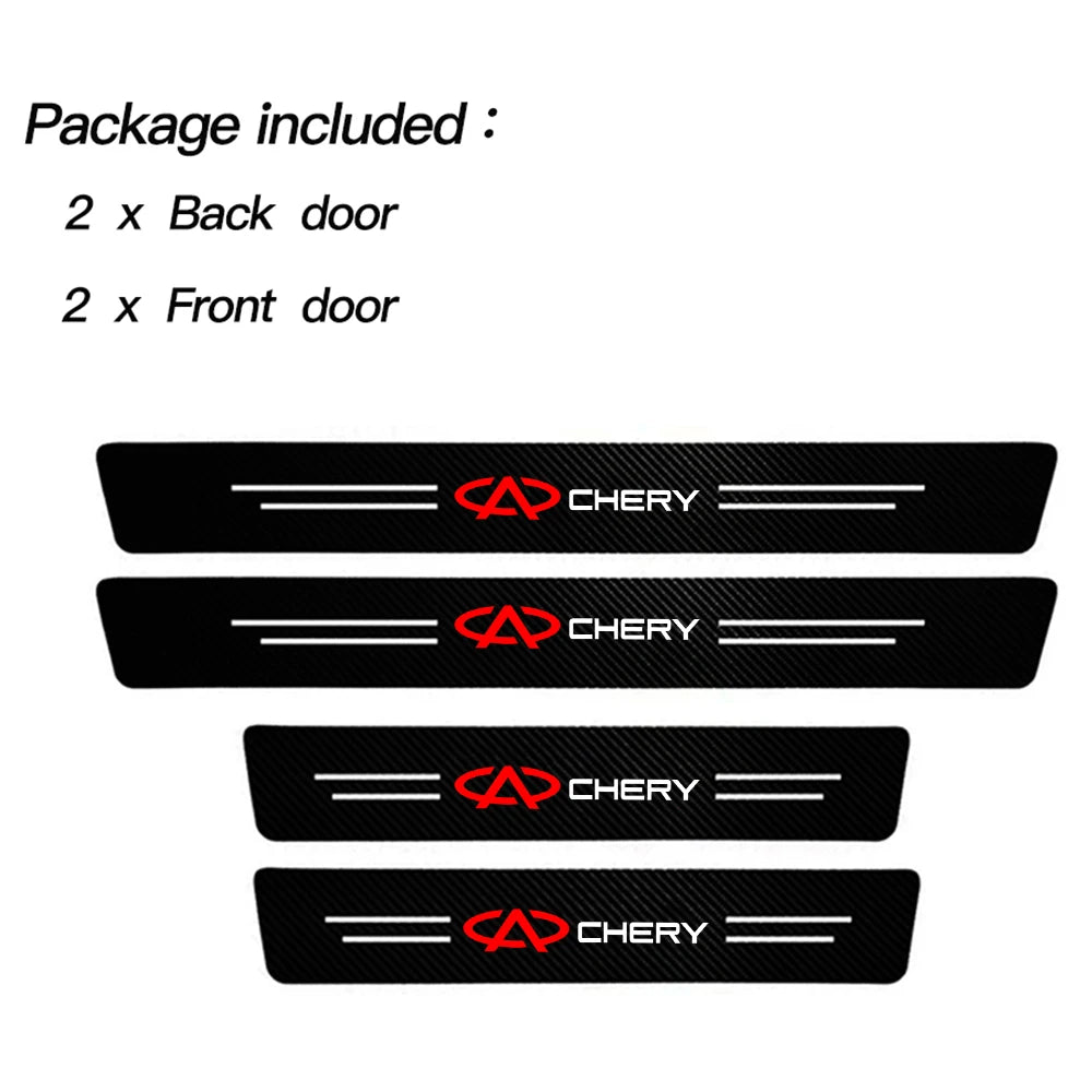 Cuatro pegatinas de protección para umbral de puerta negras con el logo de Chery
