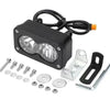 Black high-intensity LED motorcycle spotlight headlight with wiring and mounting hardware.