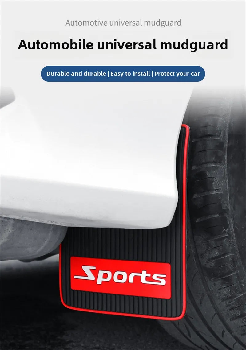 A close-up of a red rubber mudguard installed on a car tire, showing its side profile.