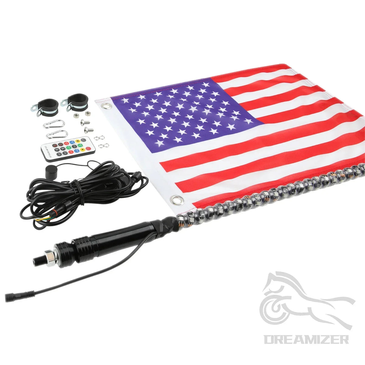 A 3FT RGB LED whip light flag featuring the American flag design and a flexible light cable.