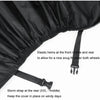 Black waterproof cover for a motorcycle or scooter with elastic hems and a storm strap.