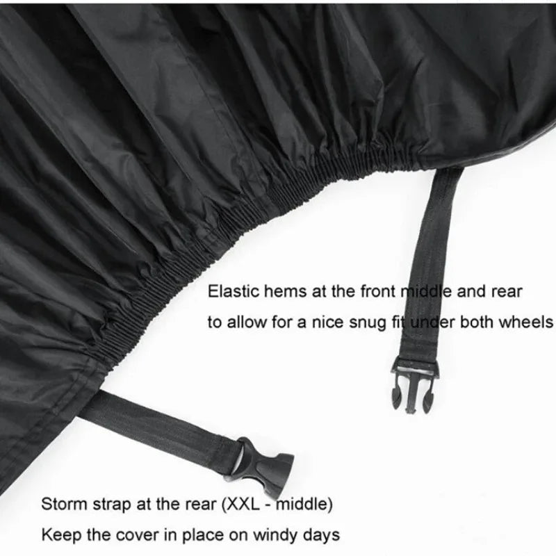 Black waterproof cover for a motorcycle or scooter with elastic hems and a storm strap.