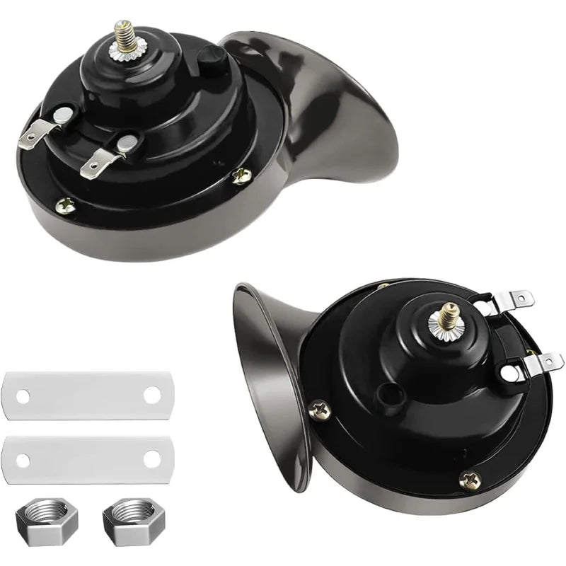 Black 12V waterproof snail horn for motorcycles and cars with mounting hardware.