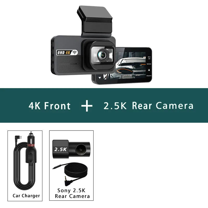 A dual-lens dash cam featuring a 4K front camera and a 2.5K rear camera, shown with accessories.