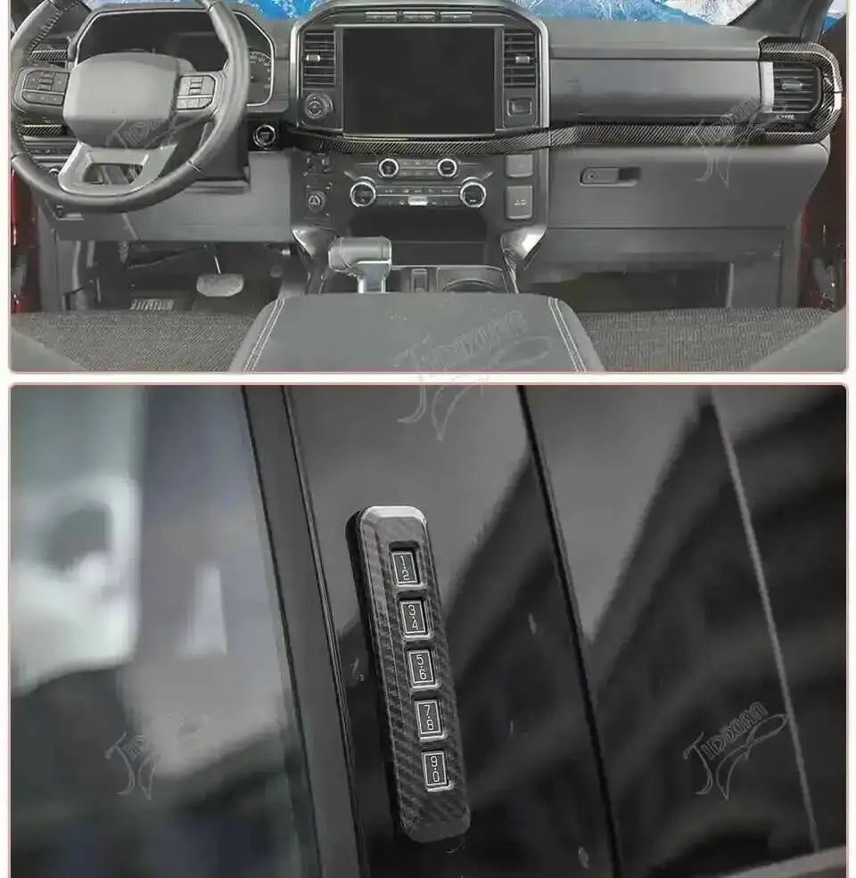 Close-up view of carbon fiber grain interior trim kit installed in a Ford F-150 dashboard.