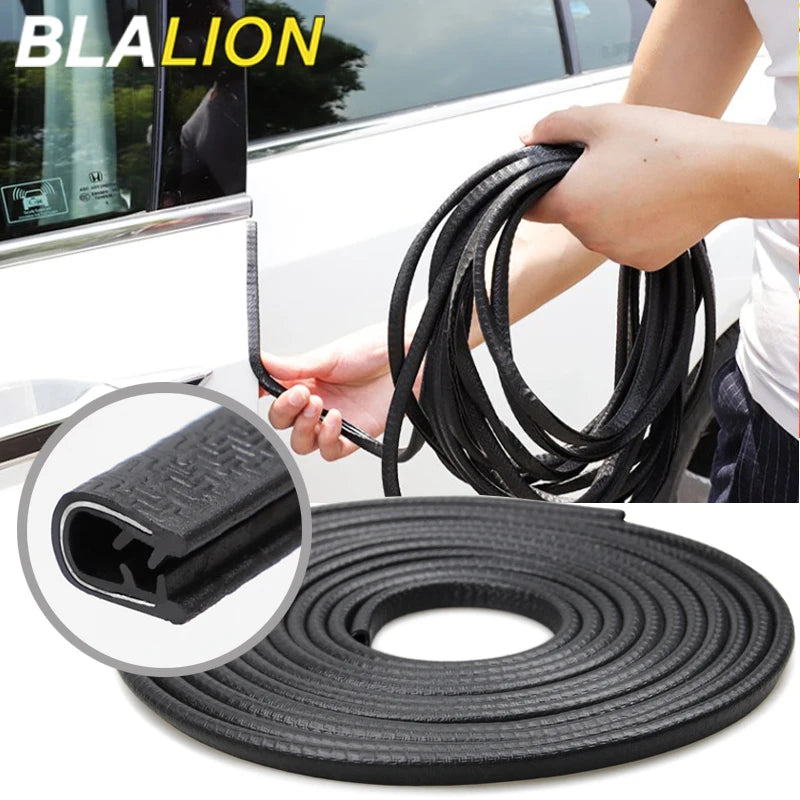 Black universal car door and trunk protection strips being handled and displayed in a coil.
