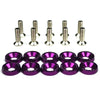A set of silver aluminum fender fasteners and purple rubber rings.