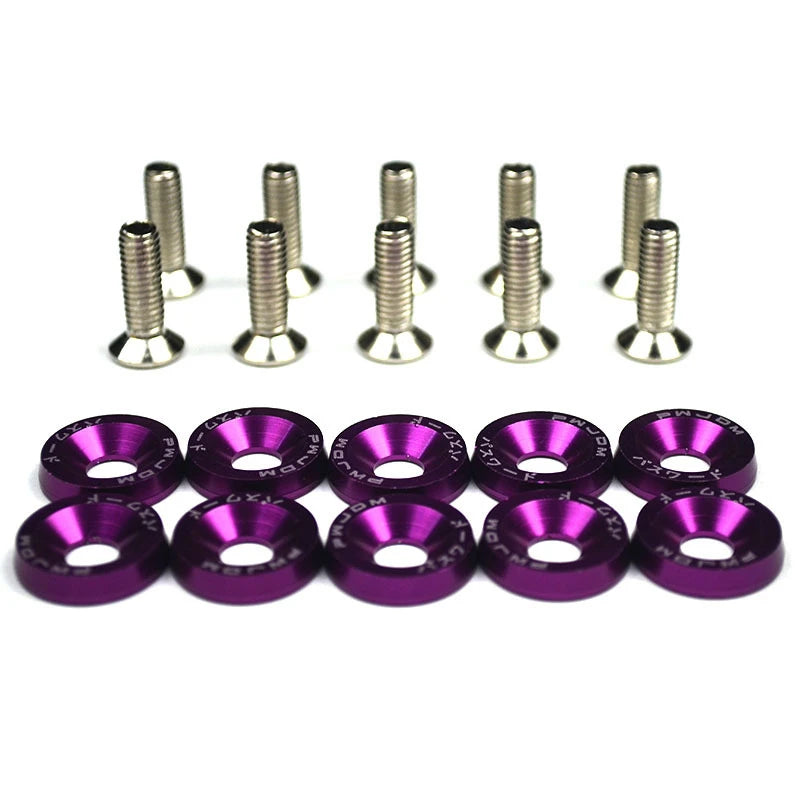 A set of silver aluminum fender fasteners and purple rubber rings.