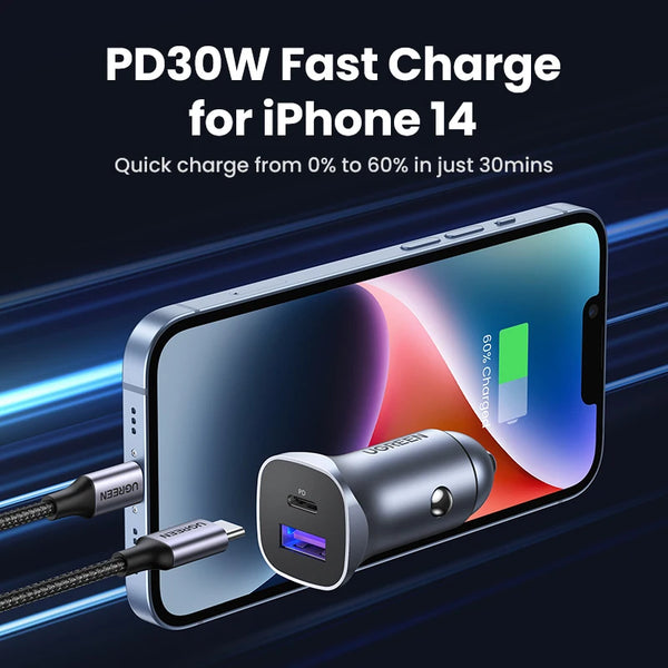 A PD30W fast charger is shown connecting to an iPhone 14 for quick charging.