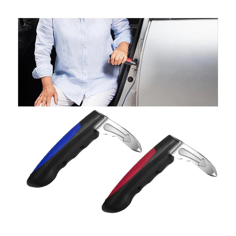 A close-up view of a black and silver 3-in-1 car door assist handle for seniors, shown in use on a car door.