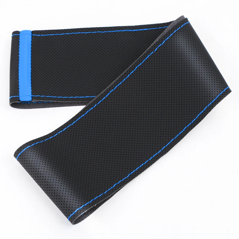 Black leather universal car steering wheel cover with blue stitching