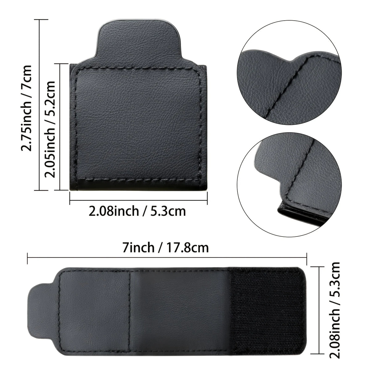 Black PU leather car seat belt adjuster shown in various sizes and angles
