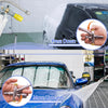 Diagrams showing how to press down and move upwards with a dual-outlet pressure washer foam cannon adapter.
