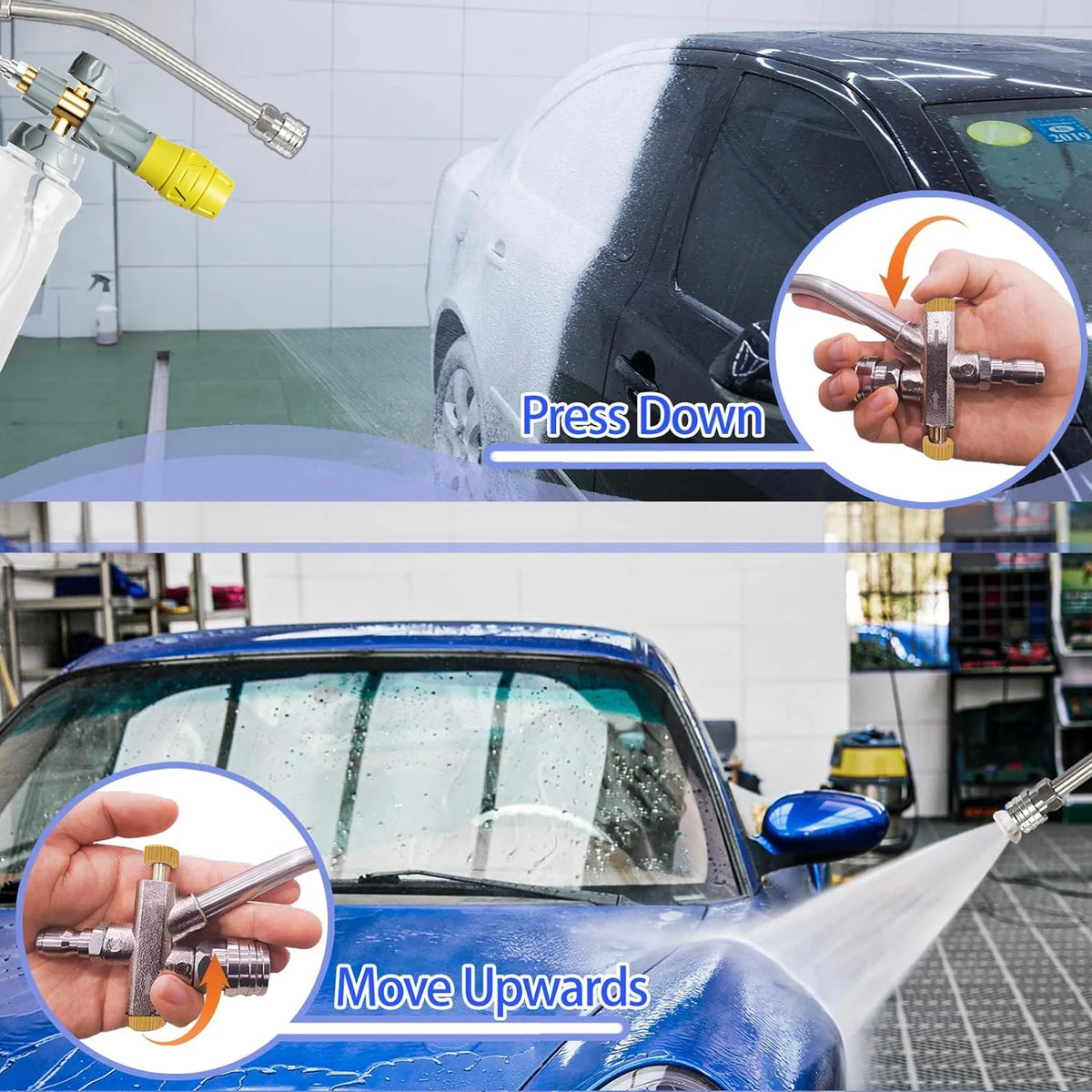 Diagrams showing how to press down and move upwards with a dual-outlet pressure washer foam cannon adapter.