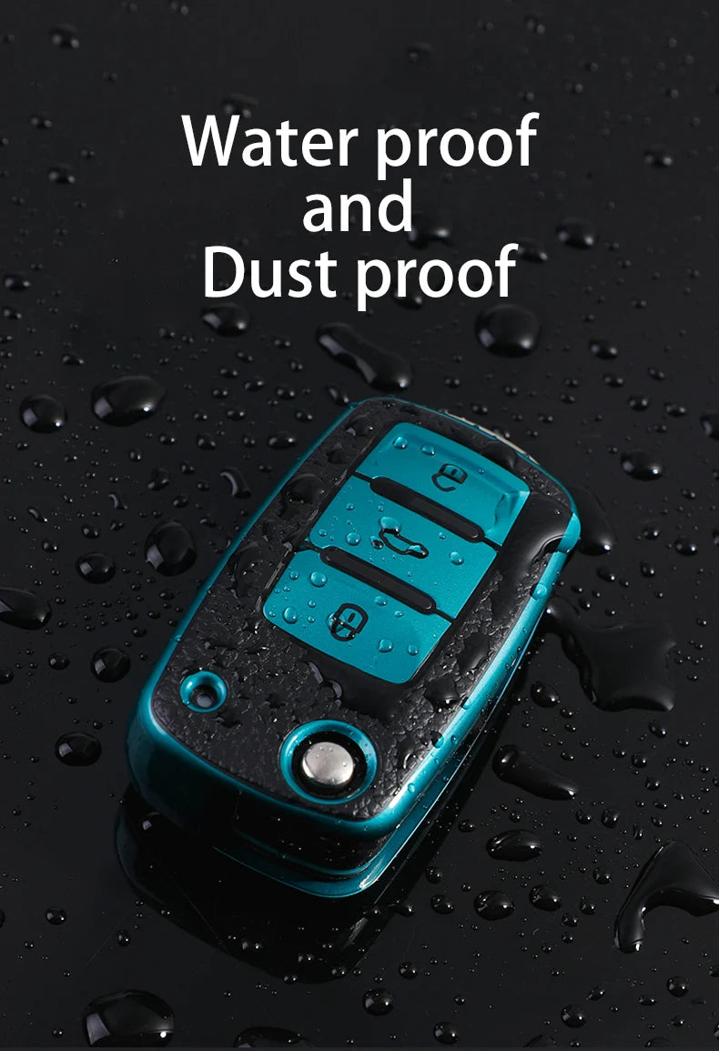 A teal TPU car key fob cover is shown against a dark background with water droplets, emphasizing its waterproof and dustproof