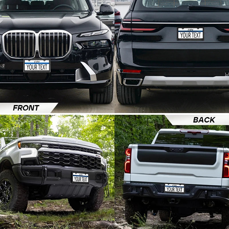 Front and back views of a black SUV with carbon fiber license plate frame covers.