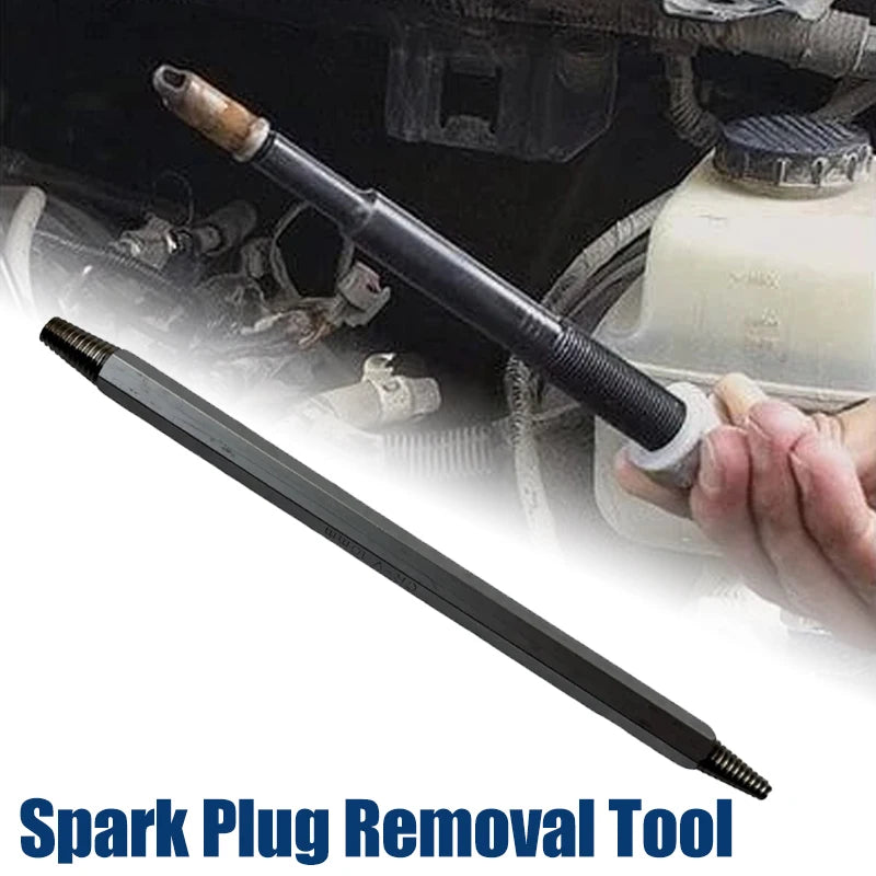 A black spark plug removal tool is shown next to a hand, demonstrating its use for extracting spark plugs.
