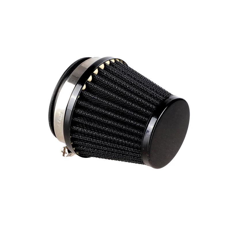 Kit d'induction de filtre à air de moto noir avec corps cylindrique côtelé et accents métalliques.