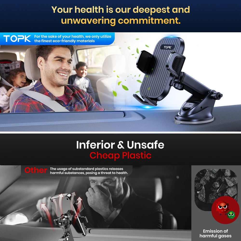 A close-up of a black 360° rotating car phone mount for dashboard and windshield, highlighting its design.
