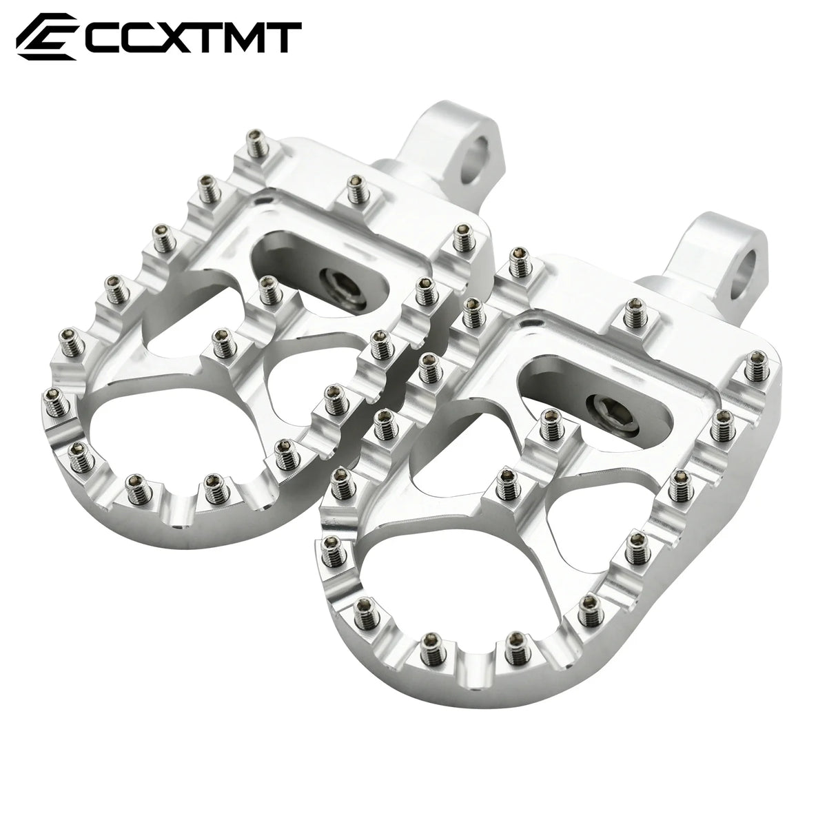 A pair of silver motorcycle wide foot pegs with mounting holes.