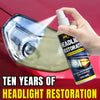A hand sprays a ceramic auto headlight restoration spray onto a car headlight lens.