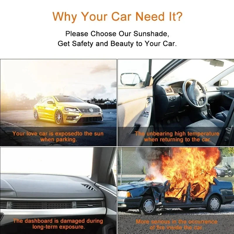 A series of images showing the benefits and damage caused by sun exposure on a car, including a damaged dashboard and fire in