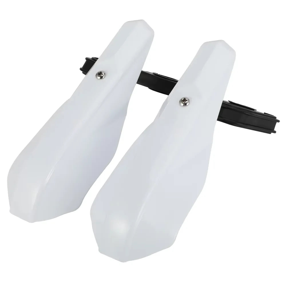 A white universal motorcycle handguard and brush protector with black mounting hardware.