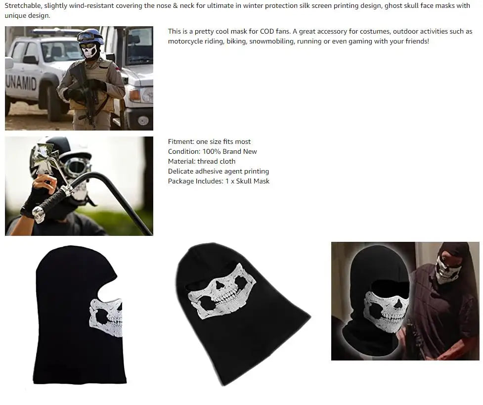 Máscara balaclava negra con diseño de calavera blanca, mostrada desde varios ángulos.