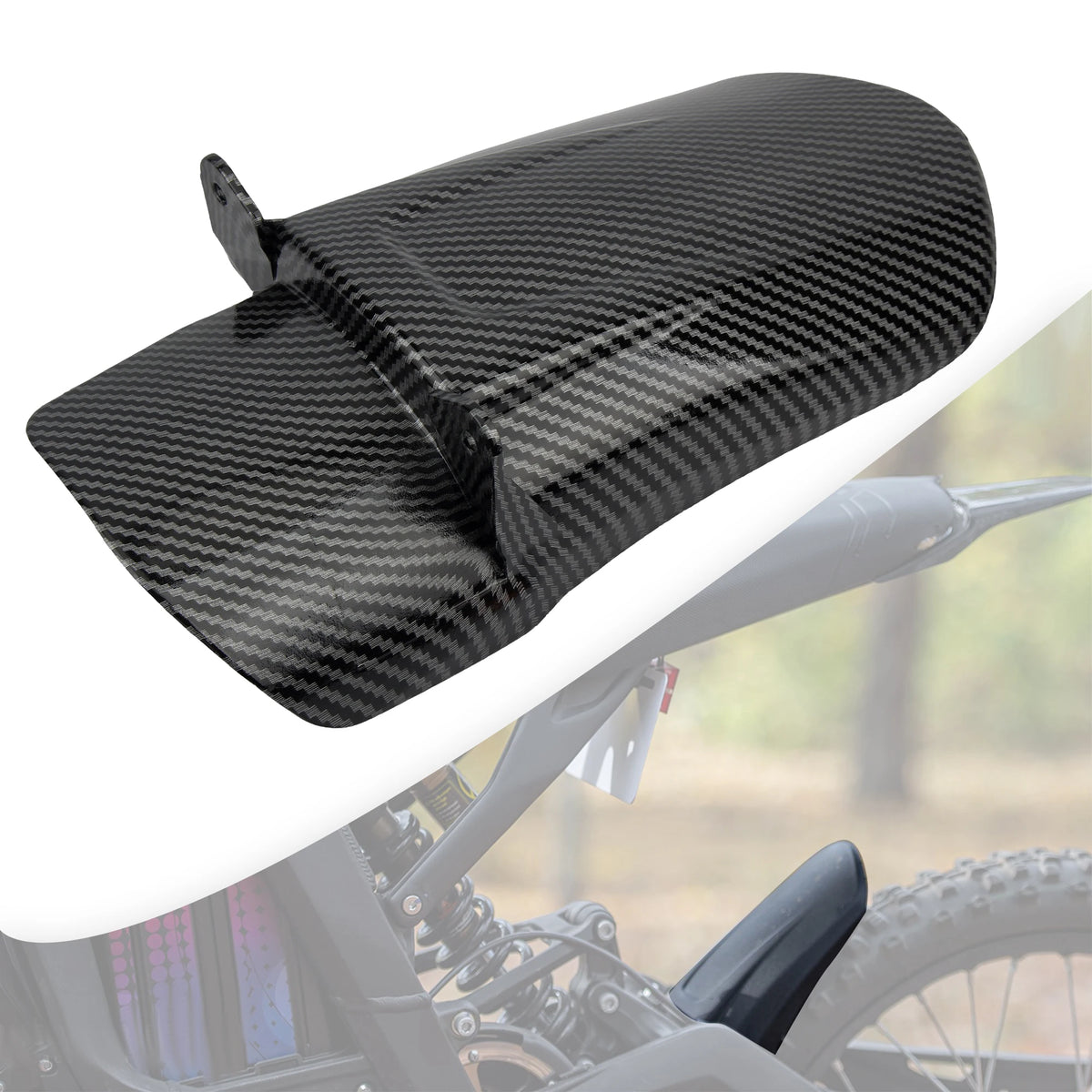 Black carbon fiber rear mudguard for a Sur-Ron Light Bee S X motorcycle.