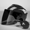 A glossy black half helmet with a clear visor is shown on a gray surface.