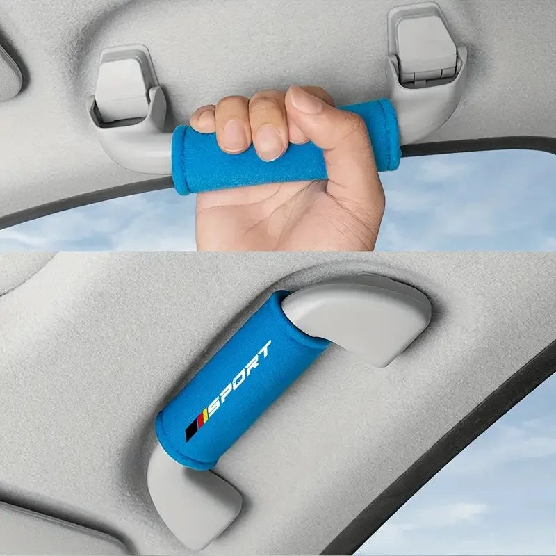 A hand grips a blue car handle cover, demonstrating the use of a universal car handle covers set on a car interior.