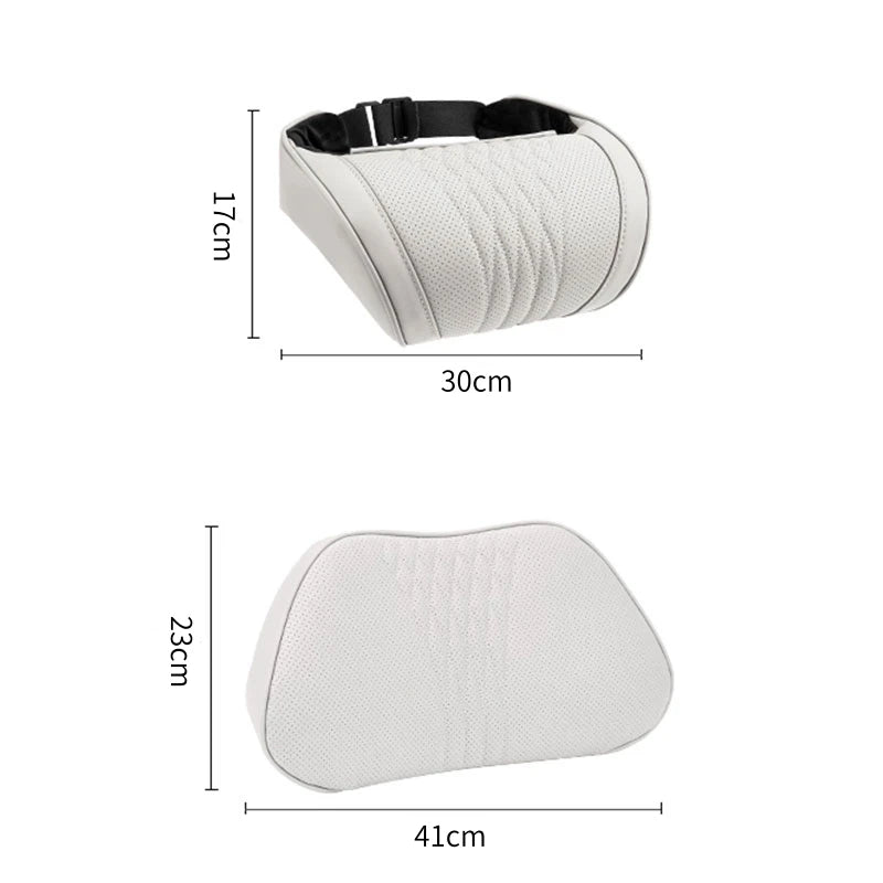 White ergonomic lumbar and neck pillow designed for car seat comfort.