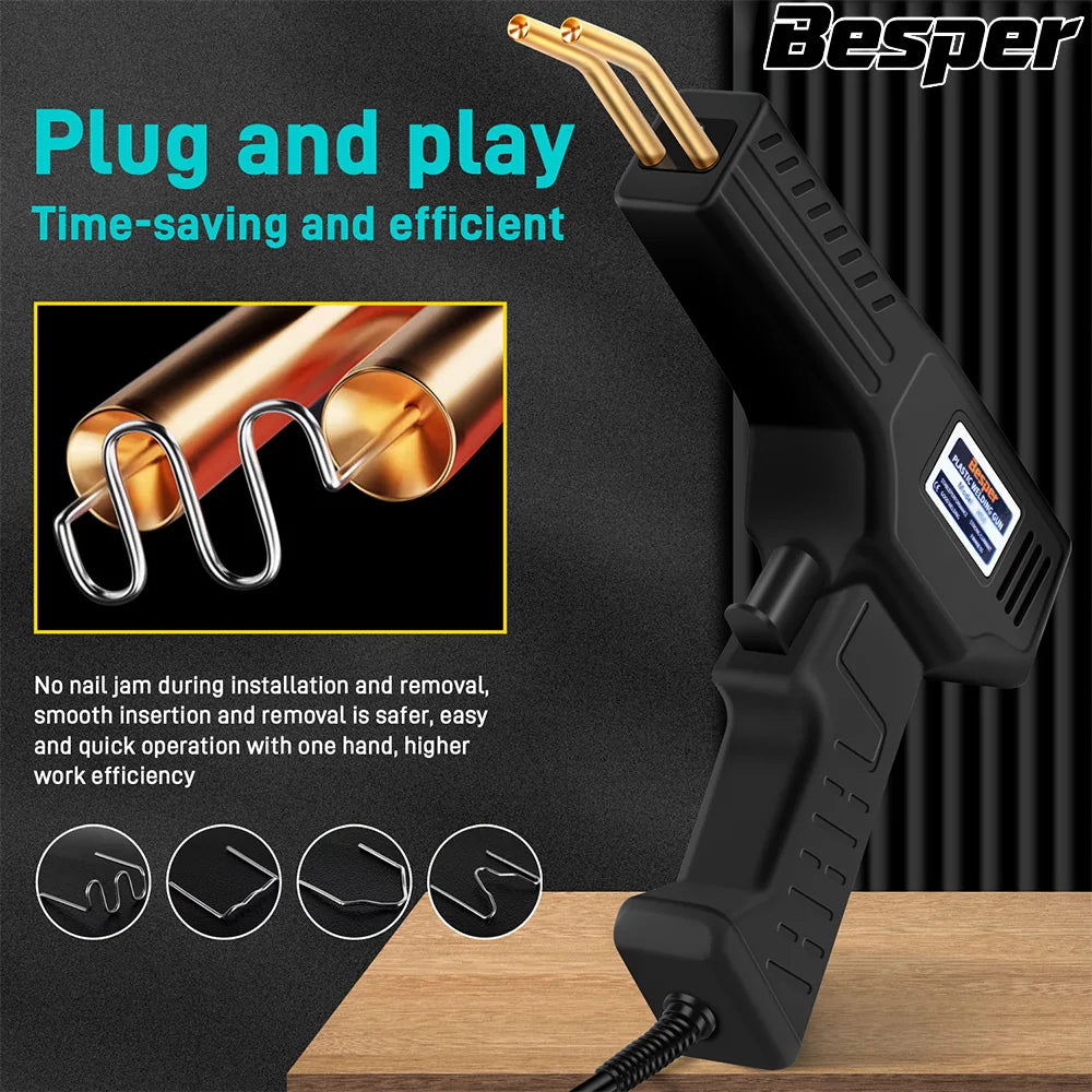 A black heavy duty plastic repair welder kit with a gold-tipped electrode is shown next to a threaded metal rod.