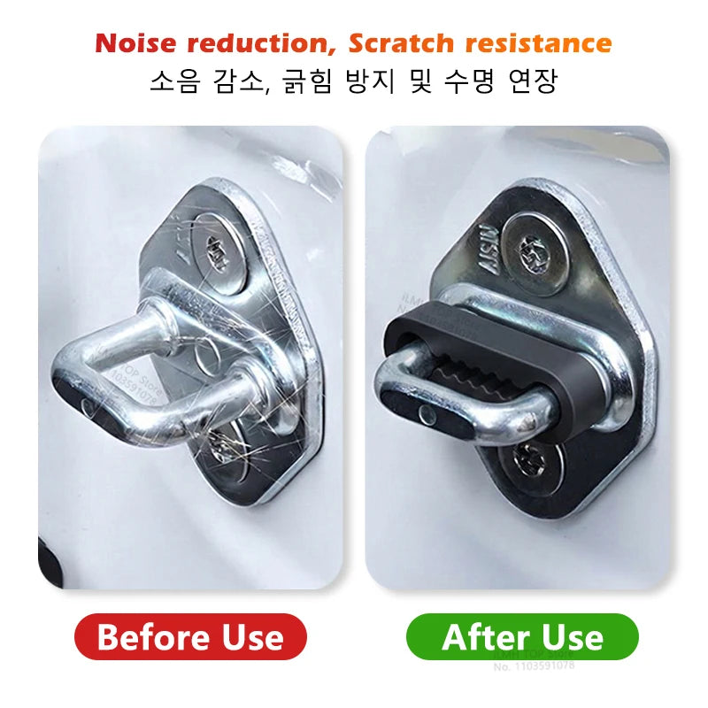 Before and after comparison of a silicone car door lock cover showing noise reduction and scratch resistance features