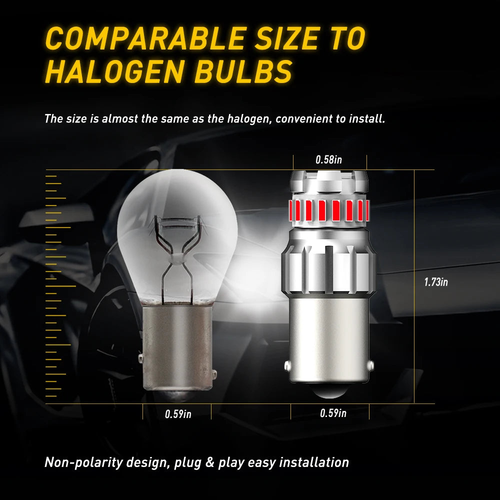 A comparison showing an LED brake and reverse light bulb next to a halogen bulb, highlighting their comparable size for easy 