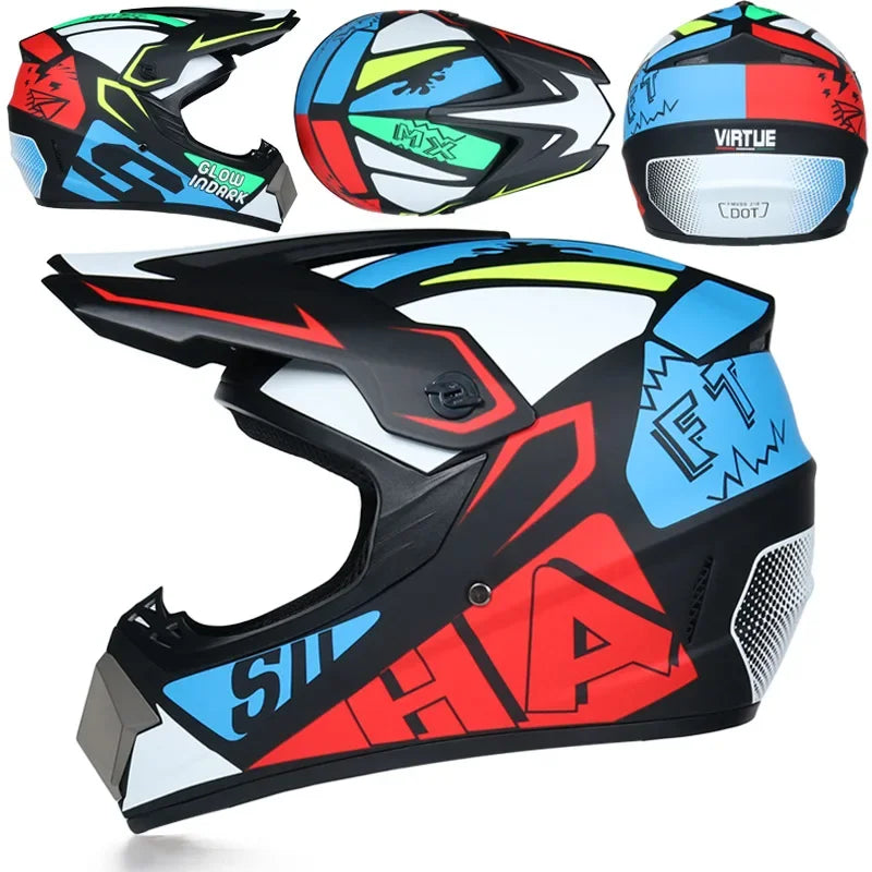 A black and blue kids motorcycle off-road safety helmet shown in various angles.