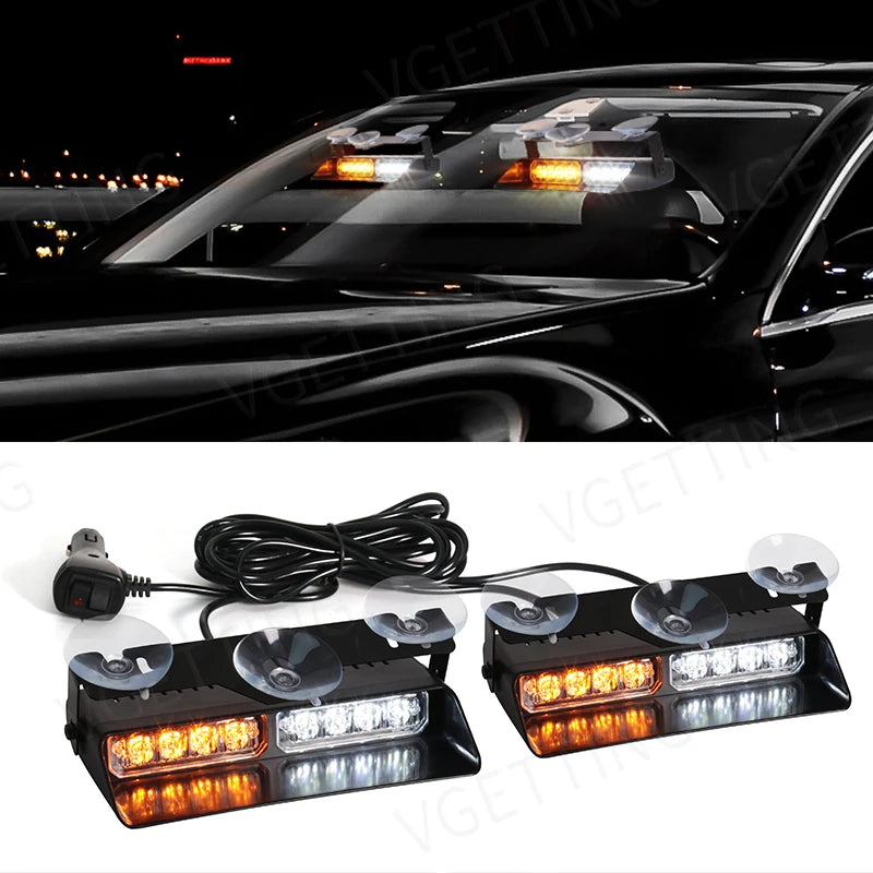 Un jeu de gyrophares LED multicolores pour avertissement de véhicule, montés sur une surface noire.