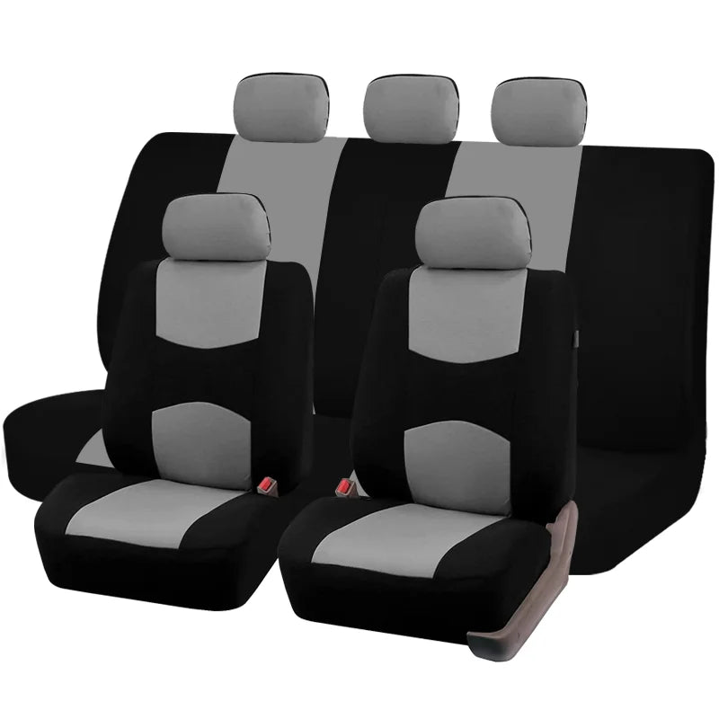 A set of black and gray universal fabric car seat covers for multiple seats.