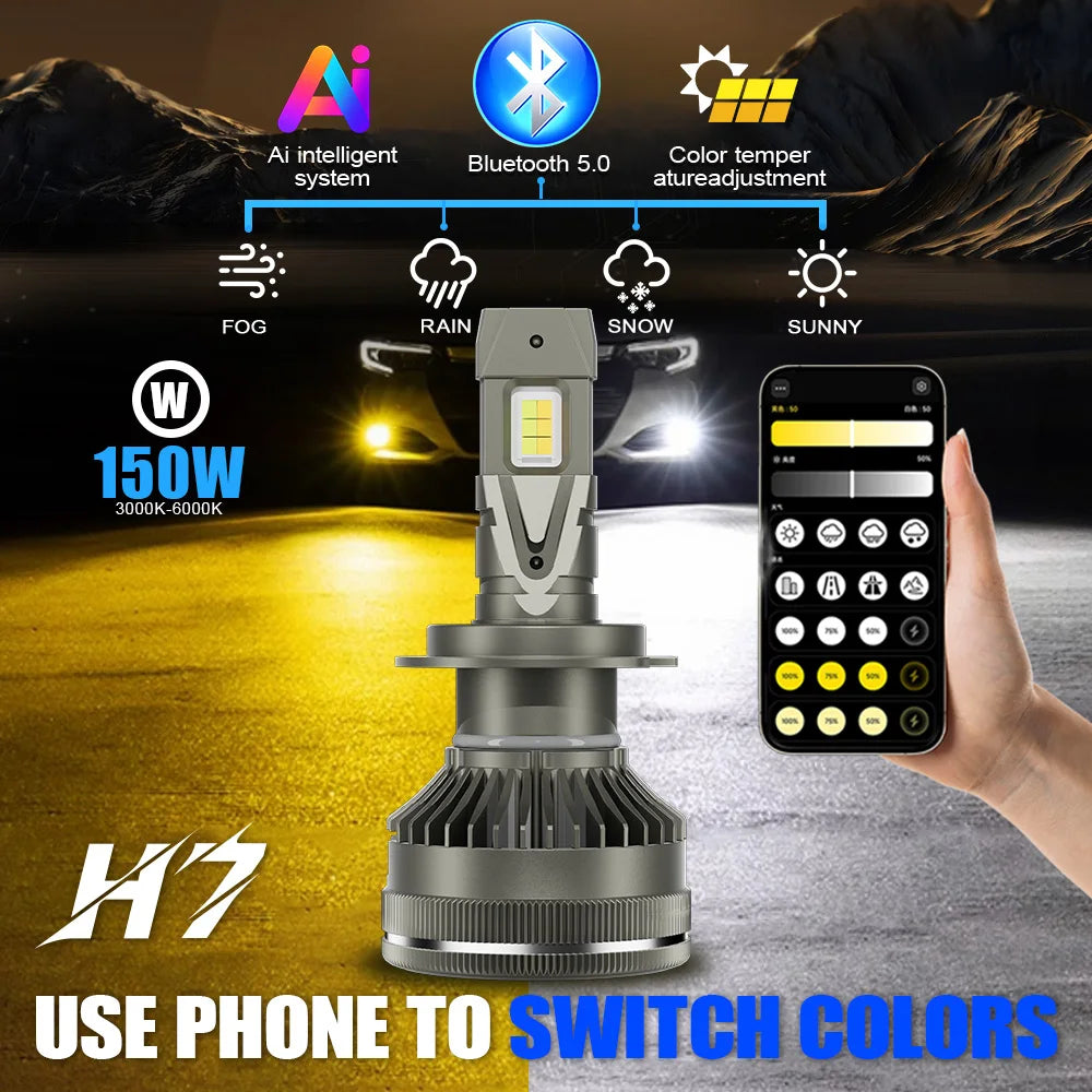 A high-performance LED car headlight bulb is shown with a smartphone interface for color switching, set against a foggy and s